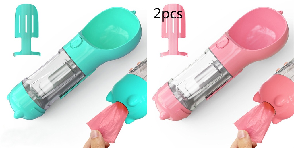 Pet Water Bottle Feeder Bowl Garbage Bag Storage Portable Pet Outdoor Travel 3 In 1 Dog Water Bottle (300 [ml], 1 [pcs] Blue + 2 [pcs] Pink)