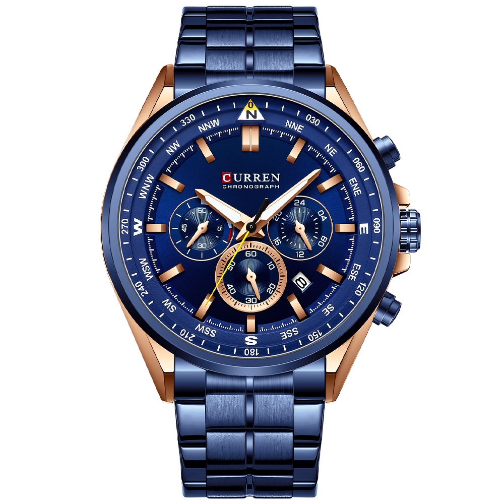 Men's Multifunction Quartz Watch Waterproof Calendar (Blue Ribbon Rose Shell Blue)