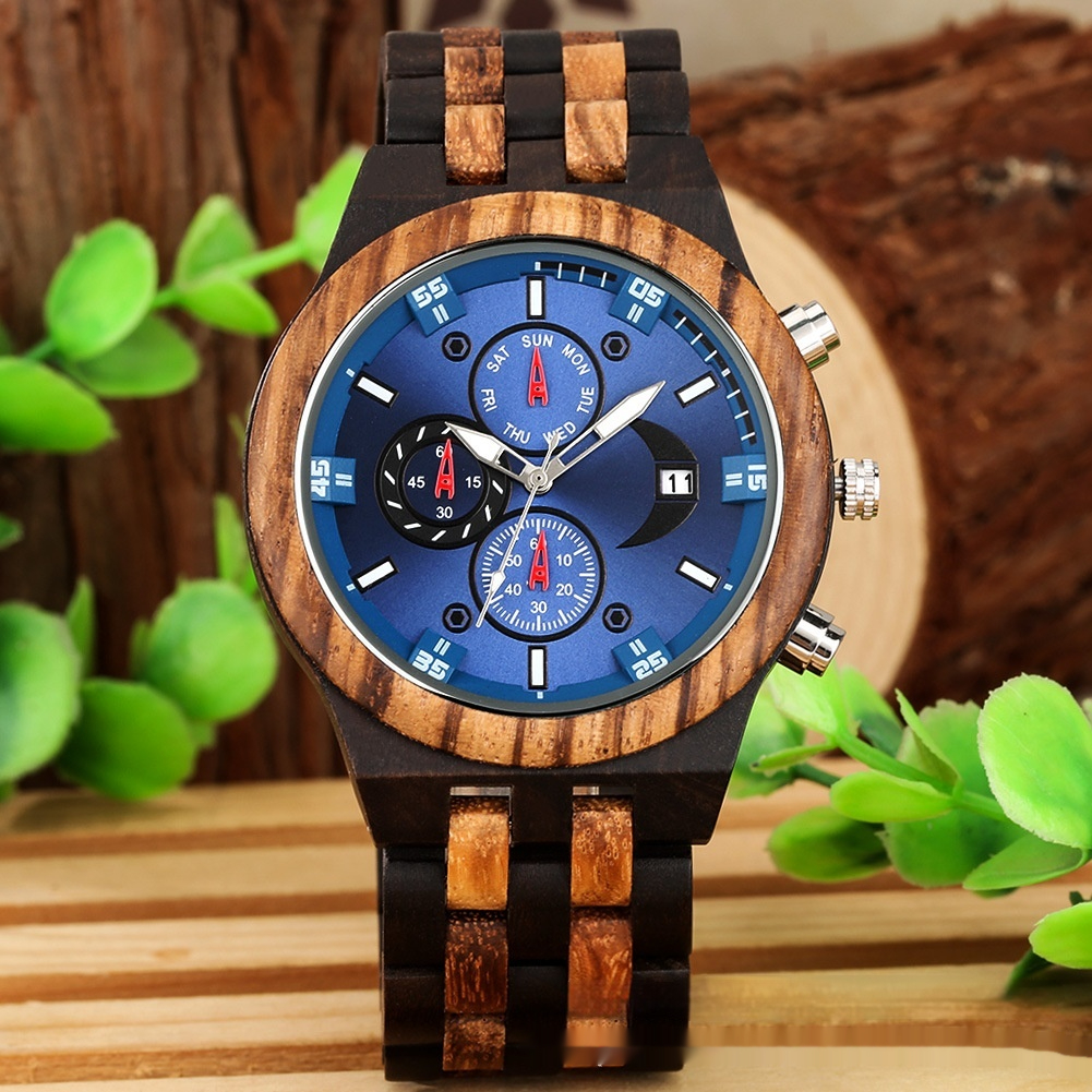 New Multi-functional Calendar Full Wood Band Quartz Watch (Ebony With Blue Surface)