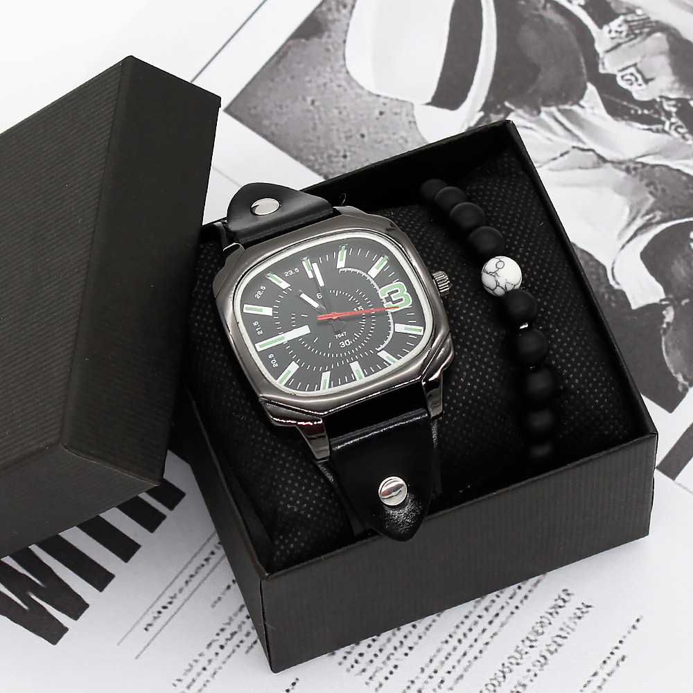 مجموعة حزام وسوار رجالية مع ساعة كوارتز عصرية (Black Watch Bracelet Gift Box)
