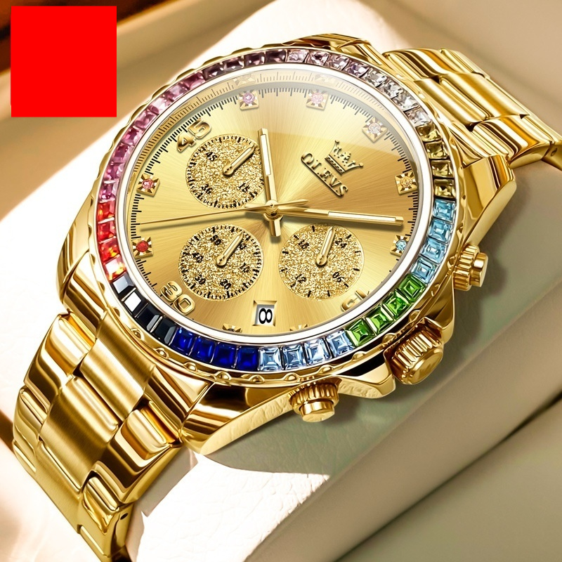Multi-functional Three-eye Quartz Men's Watch (Steel Belt Full Gold)