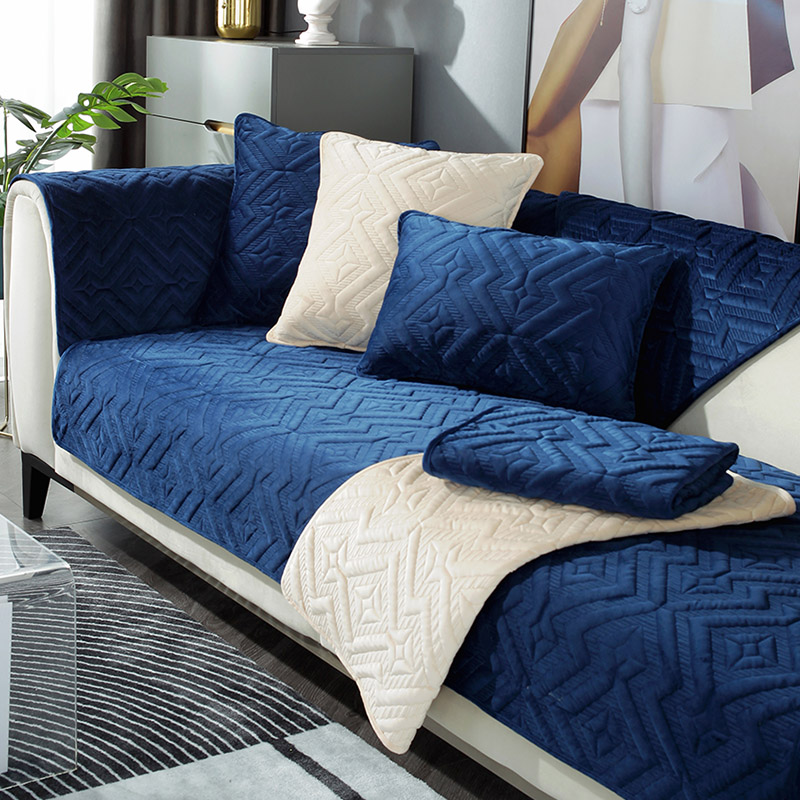 Black Sofa Cushion Winter Plush Thickened Non-slip Sofa Leather Sofa Cover (45x45 [cm] + Core, Dark Blue)