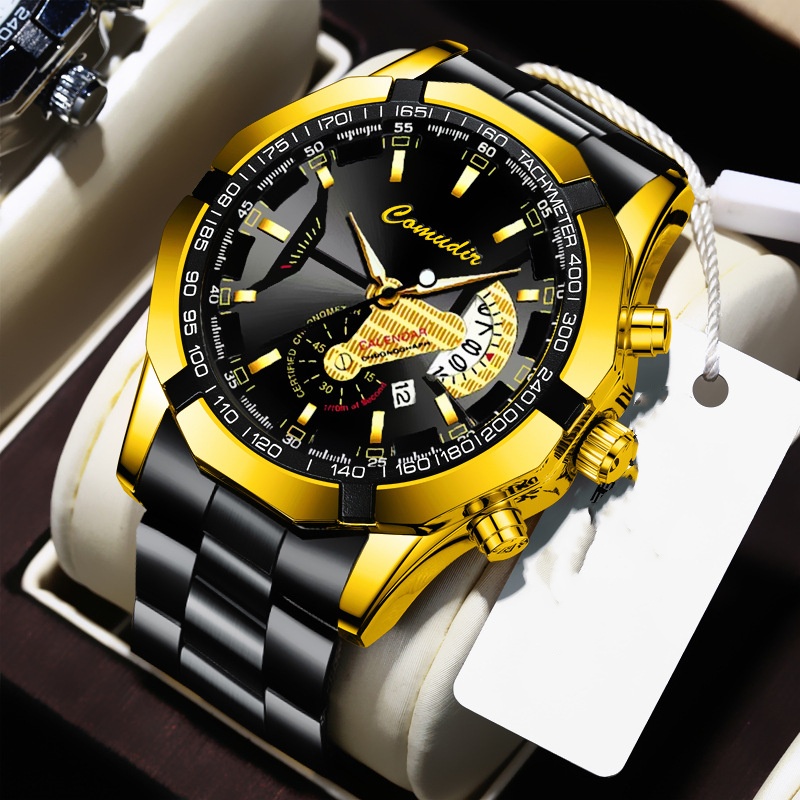Automatic Movement Watch Men's Calendar Waterproof Luminous Non-mechanical Watch Large Dial (Black Gold Steel)