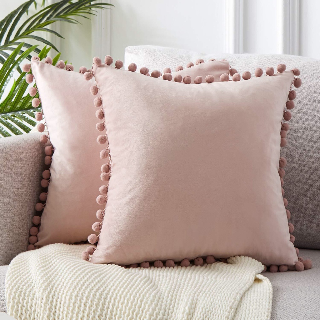 Ball ball lace pillow velvet solid color sofa short plush ball cushion cover (40x40 [cm], Pink)