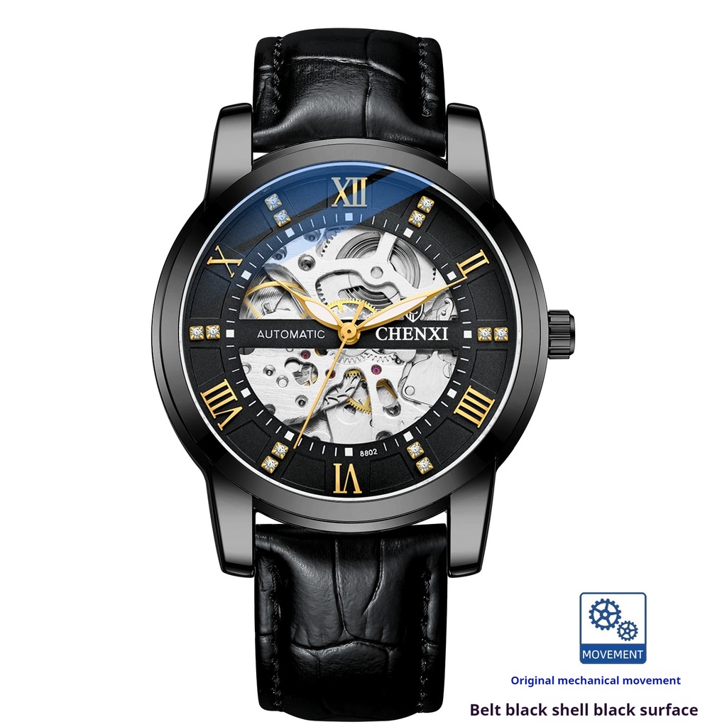 Hollow Automatic Mechanical Watch Belt Waterproof (Belt Black Shell Black Surface)