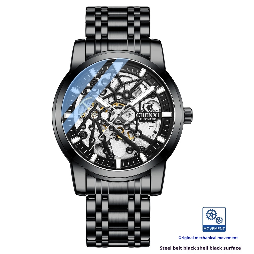 Hollow Automatic Mechanical Watch Waterproof Luminous (Black Black Black Belt)