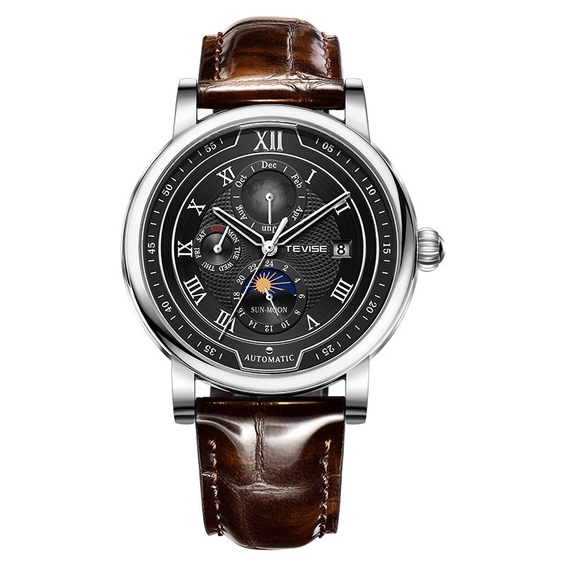 Men's Waterproof Moon Phase Automatic Mechanical Watch (Silver & Black)