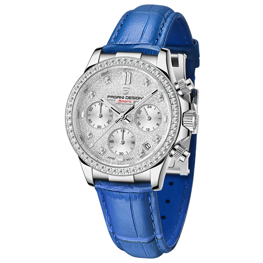 Diamond Surface Calendar Waterproof Stainless Steel Watch (Blue Leather)