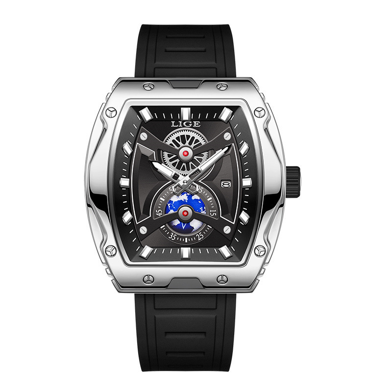 Niche Tonneau Watch Men's Business Domestic Luminous Waterproof (Silver & Black)