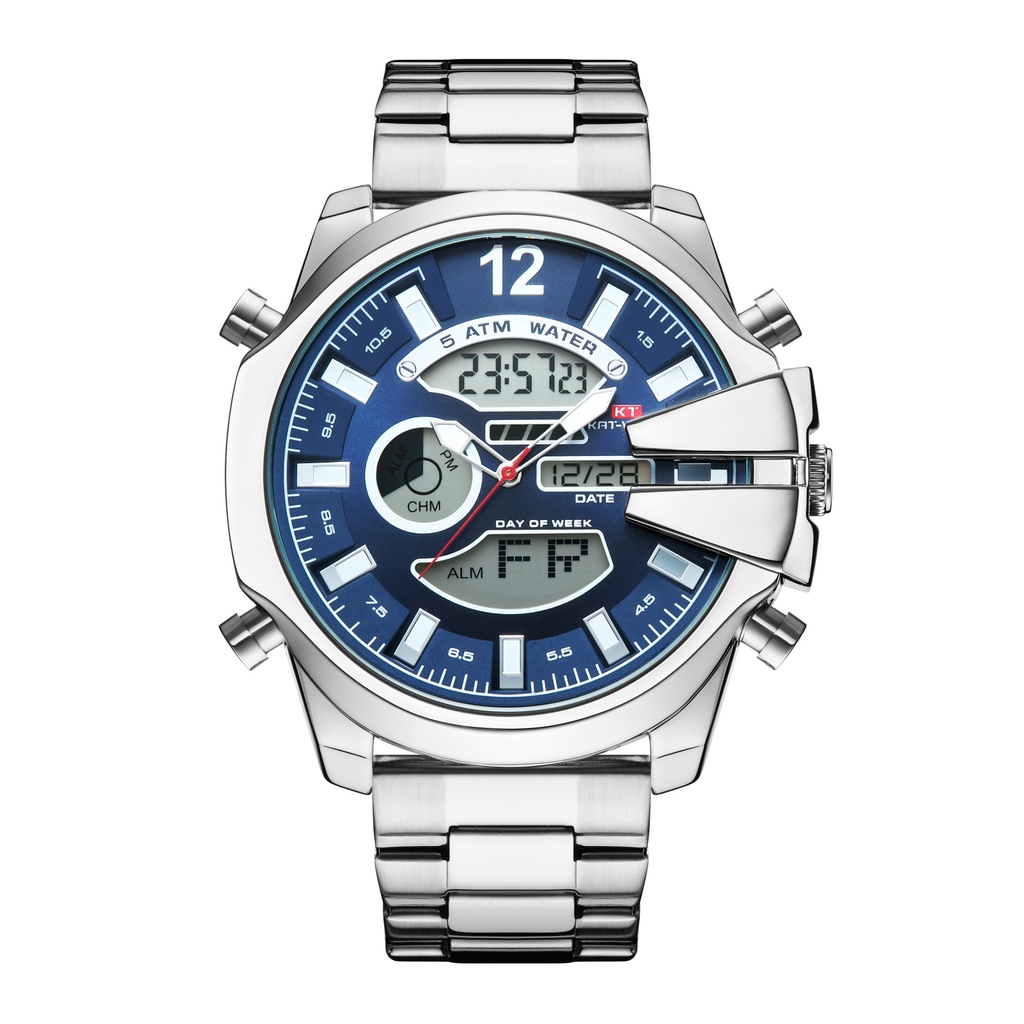 New Men's Double Display Alarm Clock Led Sports Steel Watch Waterproof (Blue)
