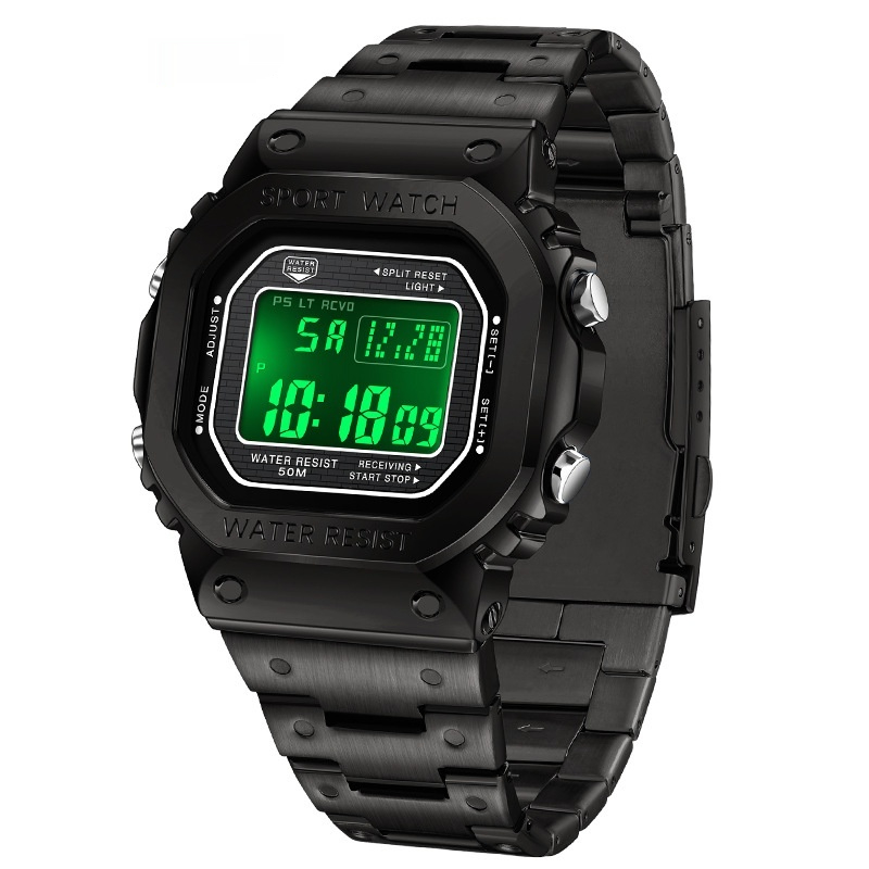 Alarm Clock Multifunctional Sport Watch Square Fashion Hand-lifting Light Waterproof (Black)