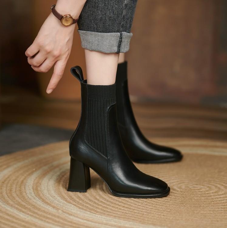 Square Toe Vintage French Chunky Heel Women's New Brown Knitted Stretch Socks High Heel Ankle Boots (35, Black)