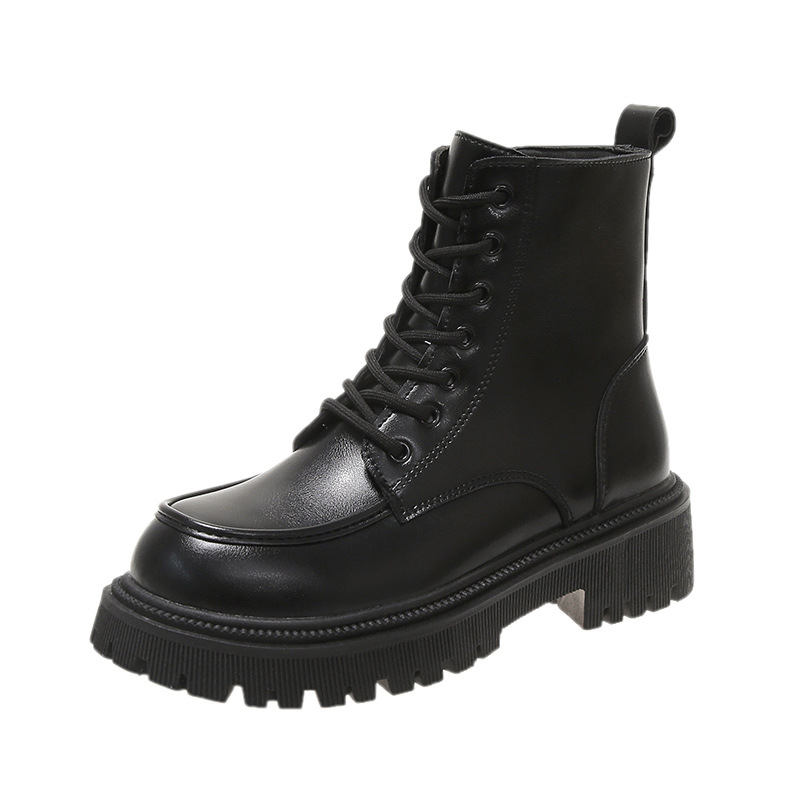 Autumn And Winter Solid Color Martin Boots For Women Fashion British Style Lace-up Short Round Toe Knight Boots (35, Black - Single Lining)
