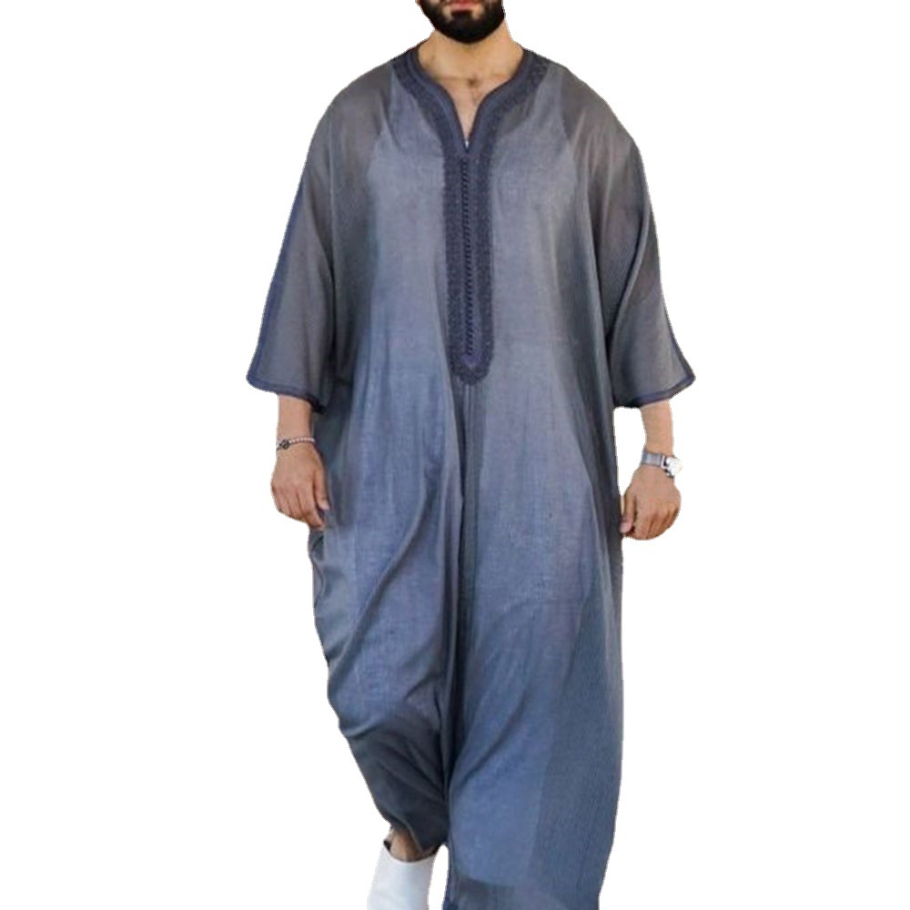 Thin Youth Linen Gray Cotton Linen Loose Casual Muslim Robe (M)