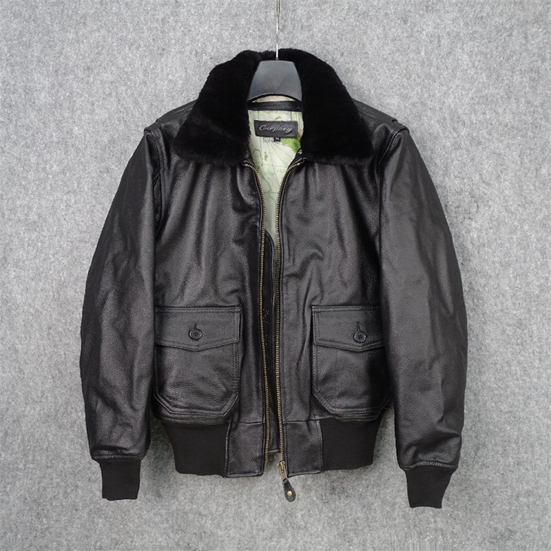 Detachable Fur Collar Flight Suit Cowhide Leather Jacket (M)