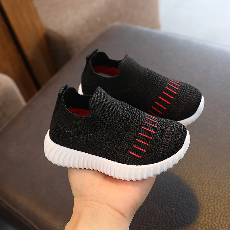 Striped Medium And Large Children Breathable Casual Flying Woven Shoes (26, Black)