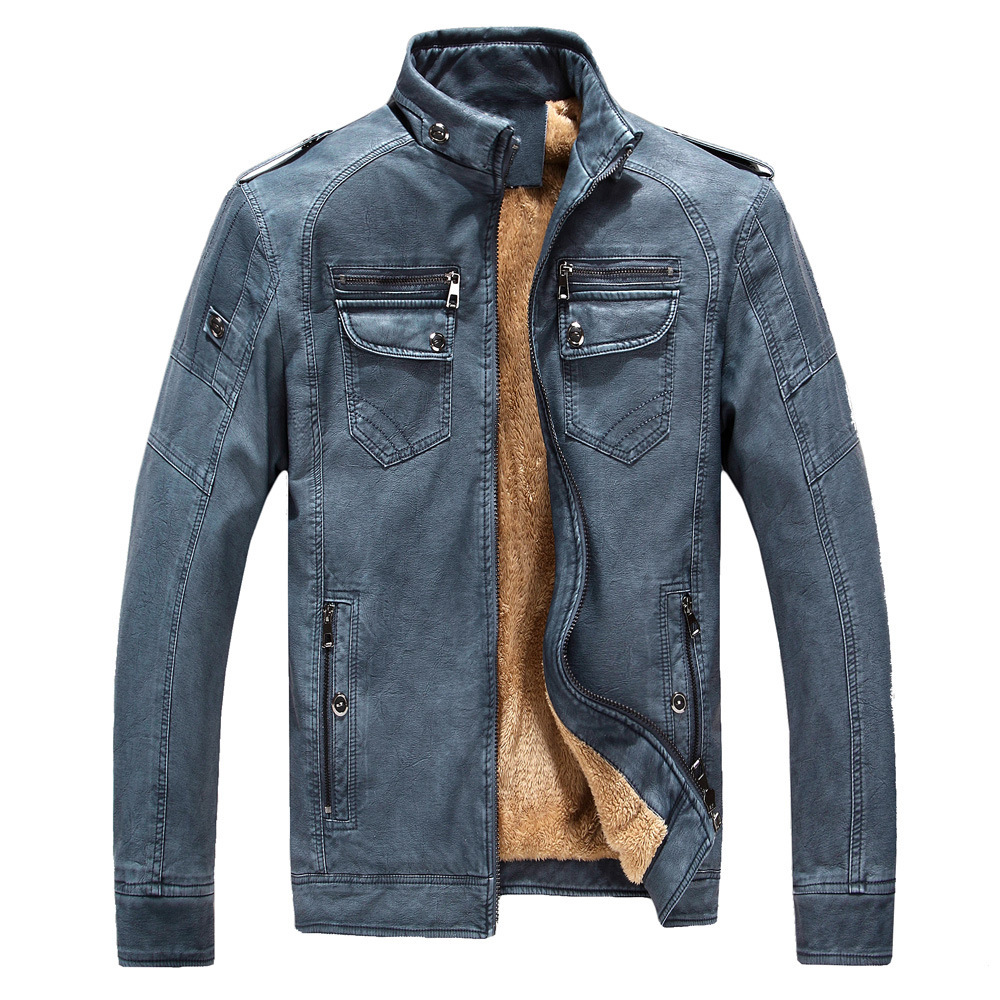 Leather Jacket Plus Velvet Washed Retro Leather Jacket (M, Blue)