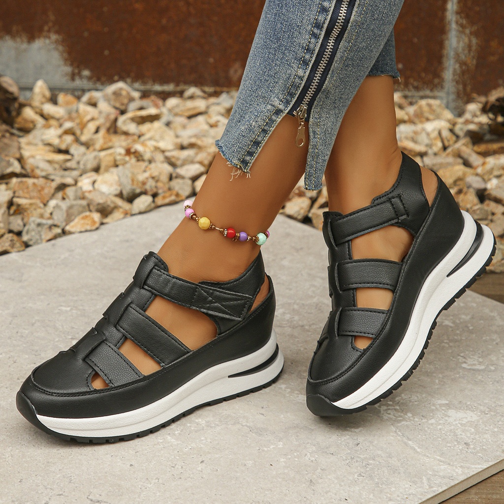 Summer Wedge Baotou Hollow Women's Breathable Shoes (36, Black)
