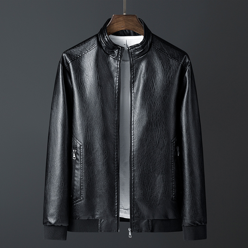Stand Up Collar Casual Spring And Autumn Leather Jacket (M, Black)