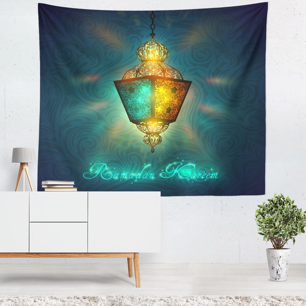 A colorful lantern in a modern style with a wall tapestry that reads "Eid Mubarak." (150x200 [cm], style [1])