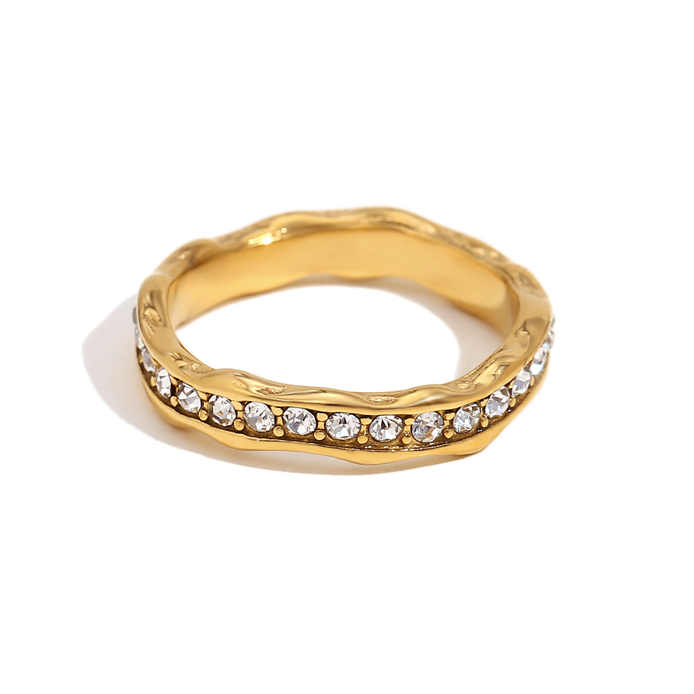 Luxurious Stainless Steel Ring with 18K Gold Plating, Featuring an Irregular Wave Design and Fully Adorned with Diamonds (6, Gold)