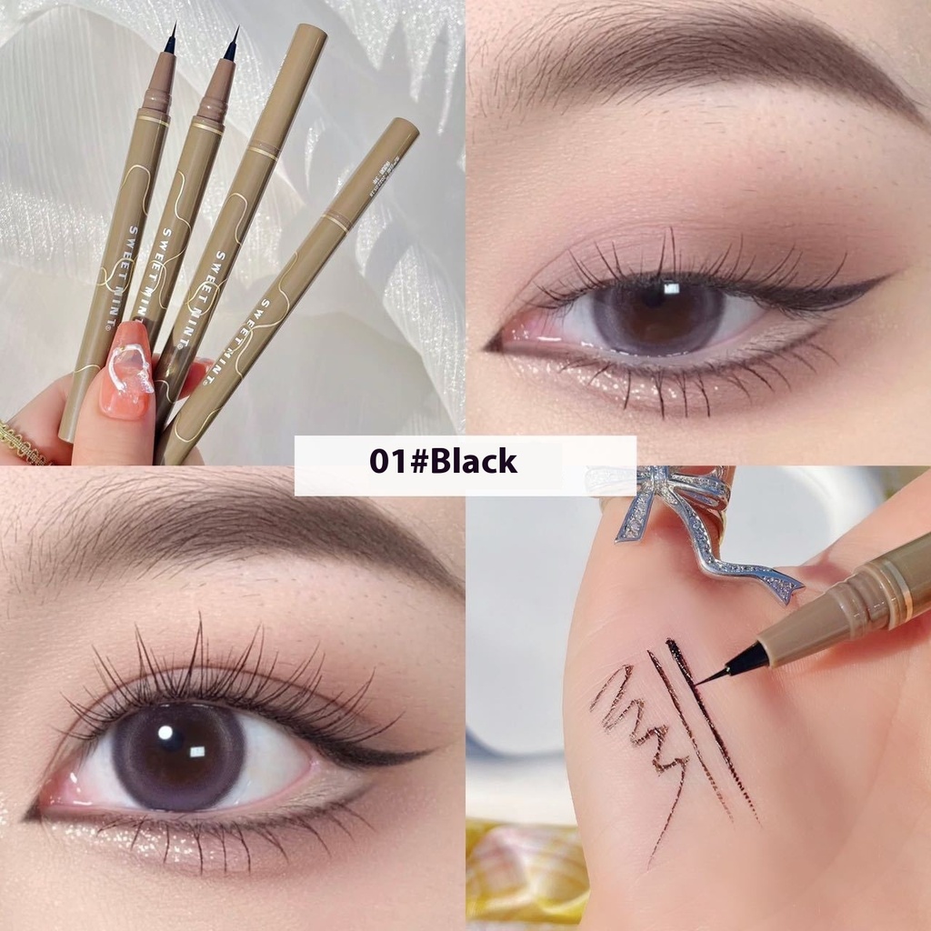 The "Sweet Mint Slim Eyeliner" is marketed as a waterproof, sweatproof, long-lasting, and non-smudge eyeliner (Black)