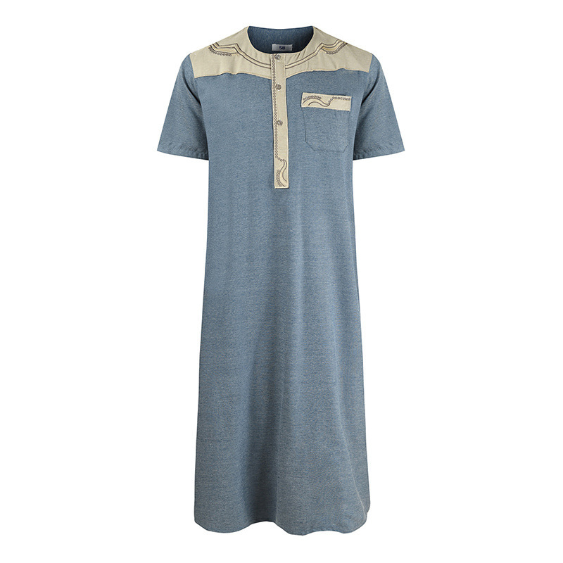 Men's Robe Pocket Contrast Color Middle East Short Sleeve (M, Blue)
