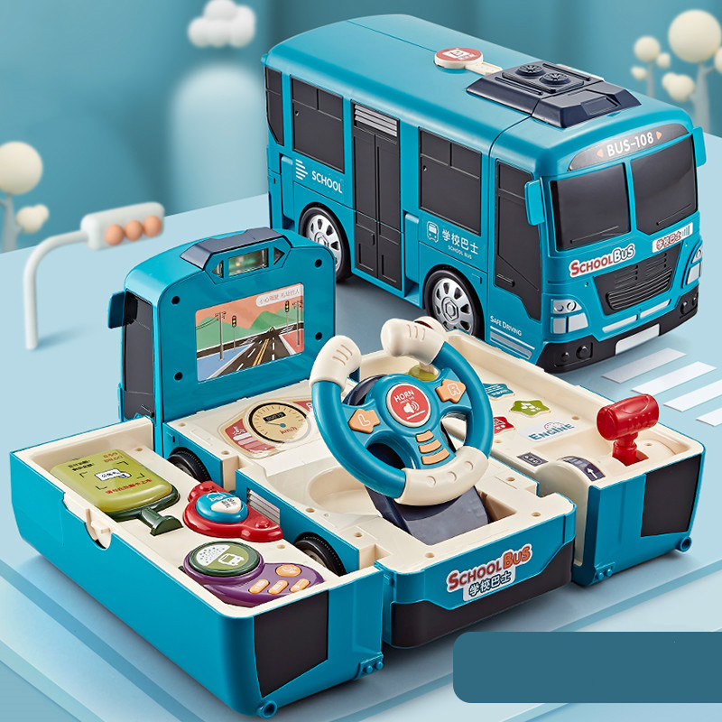 Toy - Multifunctional Educational School Bus for Kids, Featuring a Transformable Steering Wheel and Inertia-Driven Driving Simulation (Blue)