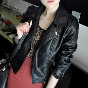 Women's PU Leather Jacket Women's Short Slim Small Coat (M, Black)