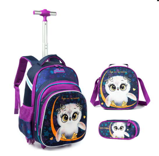 Three-piece Trolley Bag For Primary School Students (Owl)