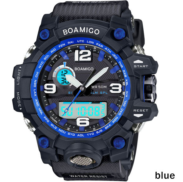 BOAMIGO brand men sports watches dual display analog digital LED Electronic quartz watches 50M waterproof swimming watch F5100 (Blue)