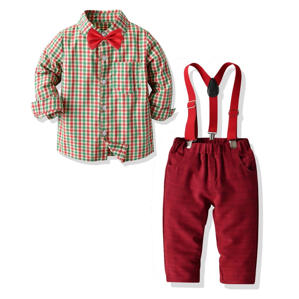 Christmas Costume Children's Suit Baby Boy Long-sleeved Plaid Shirt (100 [cm], Red Set (+Red Bow))