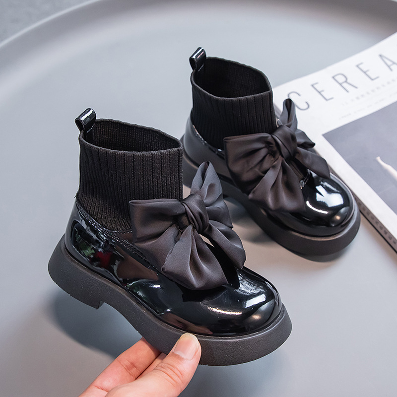 New Autumn Shoes Little Girl Bow Princess Style Leather Boots Middle And Big Children (26, Black)
