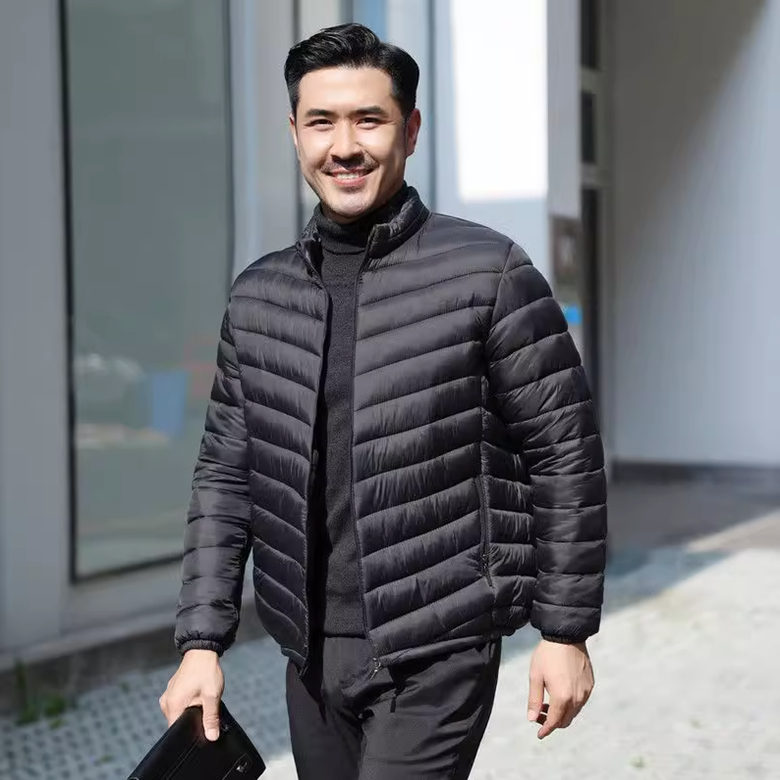 Large Men's Down Cotton Jacket Short Style (3XL, Black Without Hat)