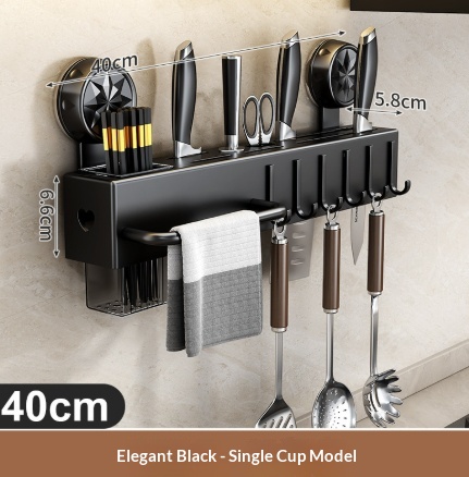 Wall-Mounted No-Drill Kitchen Storage Shelf (40 [cm], Elegant Black)