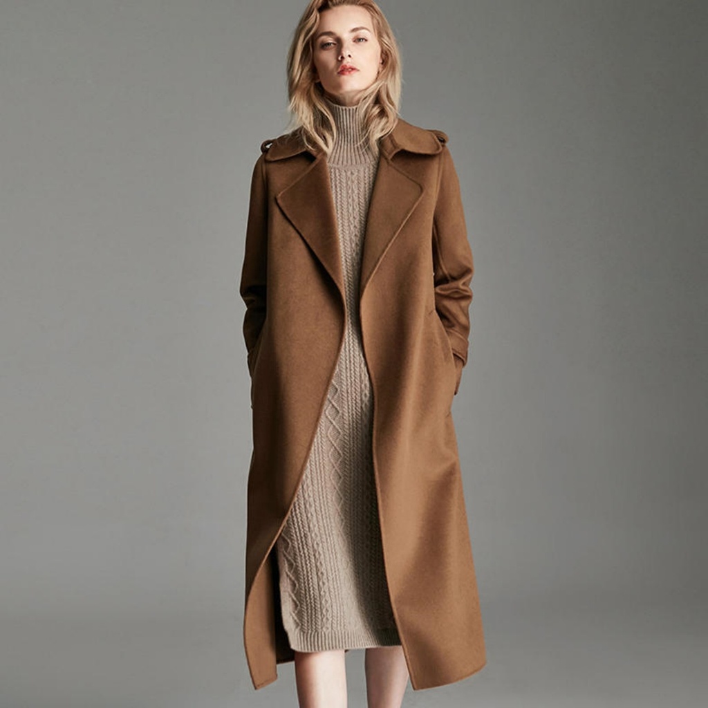 Fashionable Long Knee Length Woolen Jacket (S, Caramel Color With Shoulder)