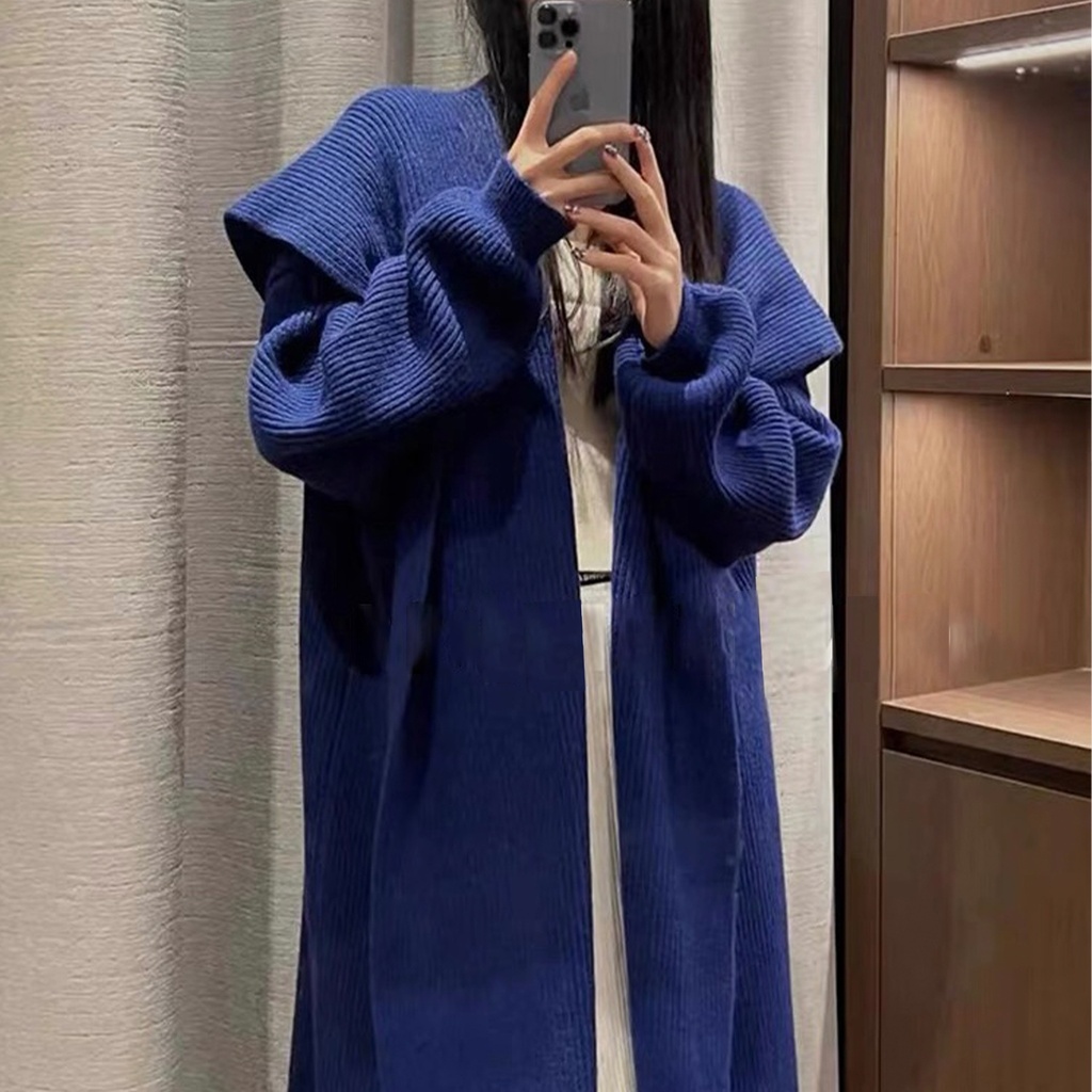 معطف صوفي أخضر من صوف الألباكا المحبوك يدويًا للنساء (M, Blue)