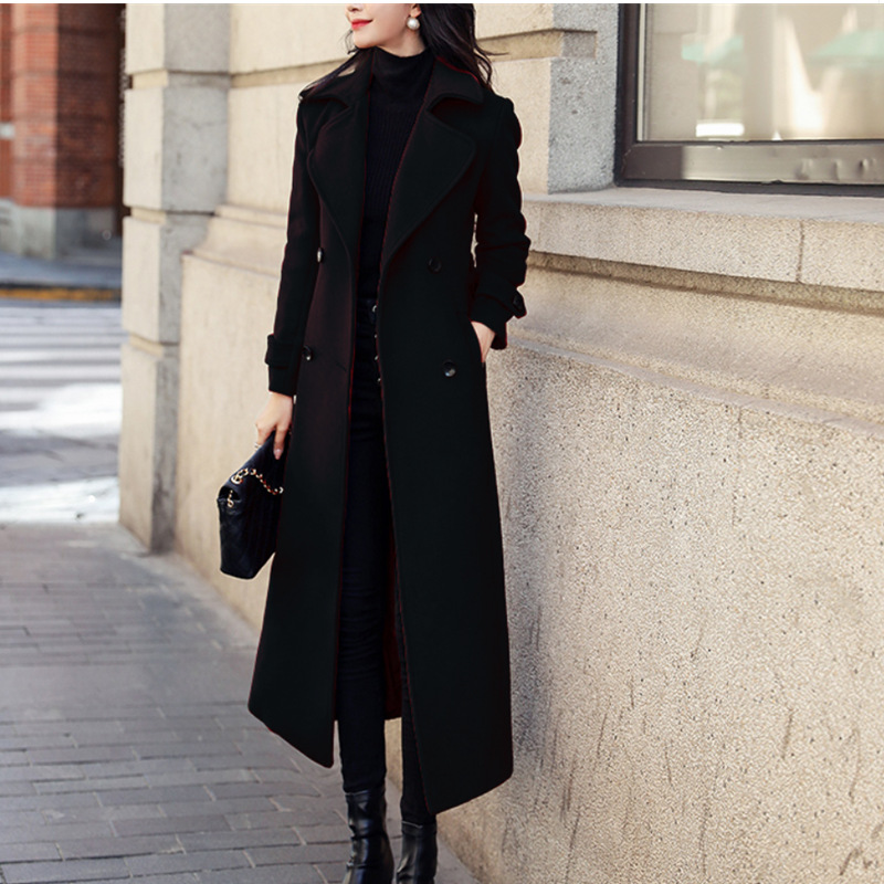 Women's Coat Woolen Extended Suit Collar Trench Coat (M, Black)
