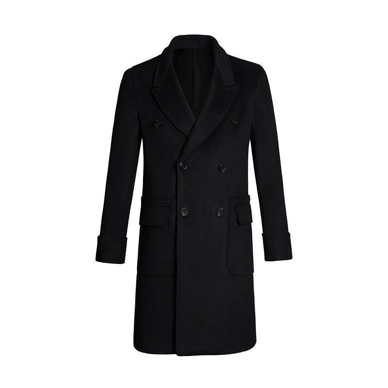 Slim Double Breasted Men's Autumn And Winter Woolen Trench Coat (M, Black)