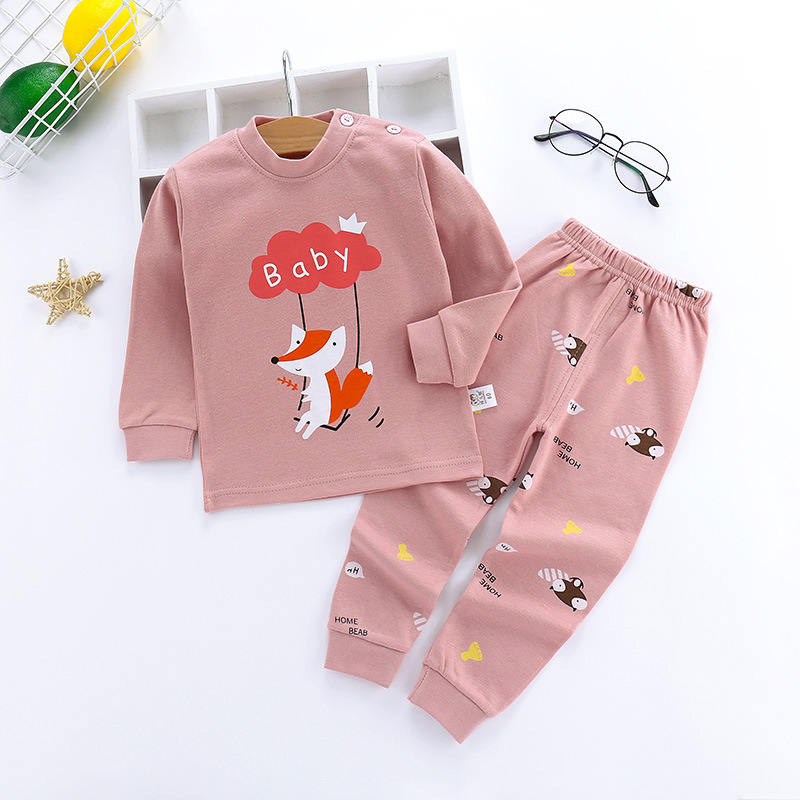 Children's Autumn Clothes Long-Sleeved Pants Suit 21 Spring New Long-Sleeved Children's Underwear Underwear Shoulder Buckle High-Neck Cotton Underwear Home (50 - 73 [cm], Pink)