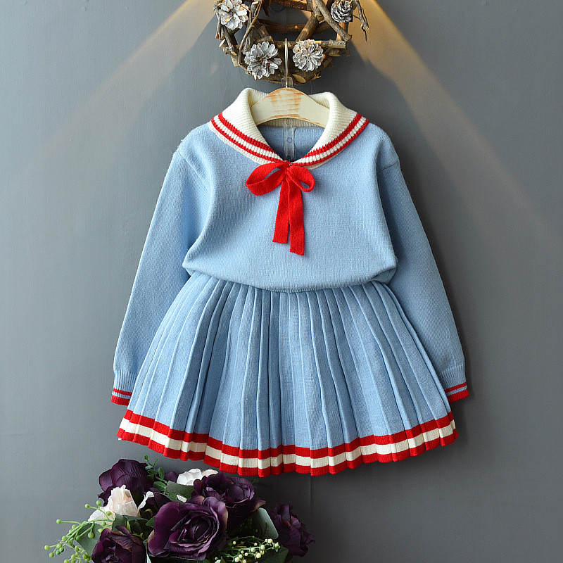 College Style Long-sleeved Pullover Knit Short Skirt Suit (100 [cm])