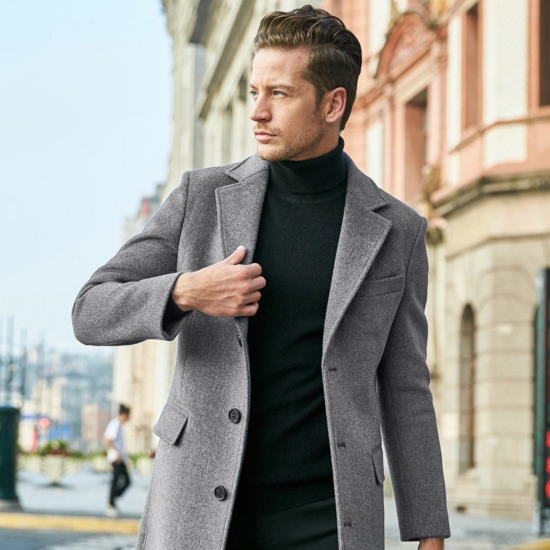 معطف صوفي رجالي بأكمام طويلة (M, Grey)