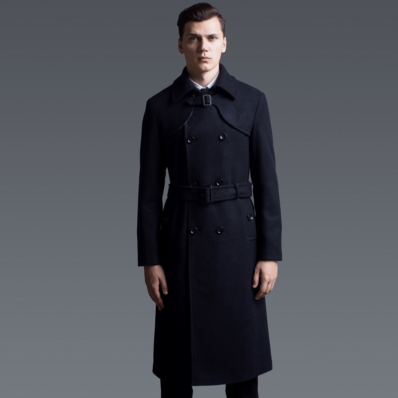 Men's Super Long Woolen Overcoat (M, Black)