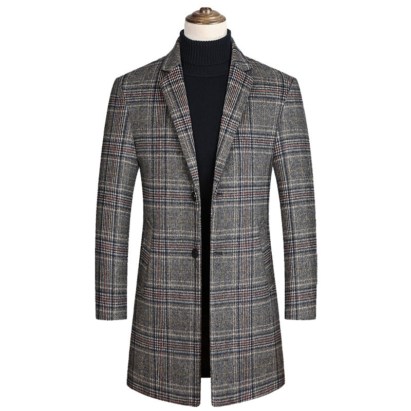 Wool Side Seam Pocket Plaid Casual Windbreaker (M, Grey)