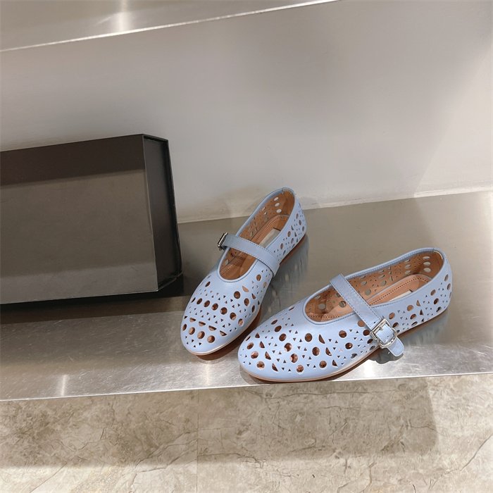 Women's Low-cut Buckle Hollow-out Round Toe Flat Shoes (36, Blue)