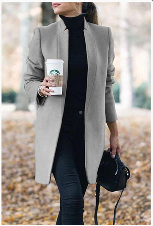Autumn And Winter New Fashion Stand Collar Women's Woolen Coat (M, Grey)