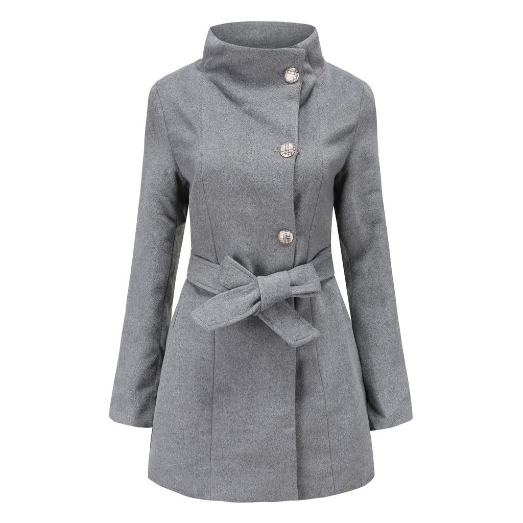 Women's Long Slim Fit Long Sleeve Woolen Coat (M, Grey)