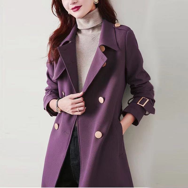 Women's Mid-length Double-breasted Thin Windbreaker Jacket (M, Purple)
