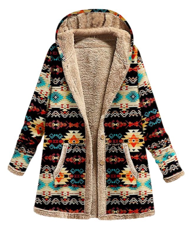 Cotton And Linen Printed Hooded Sweater Warm Plush Jacket (M, Blue)