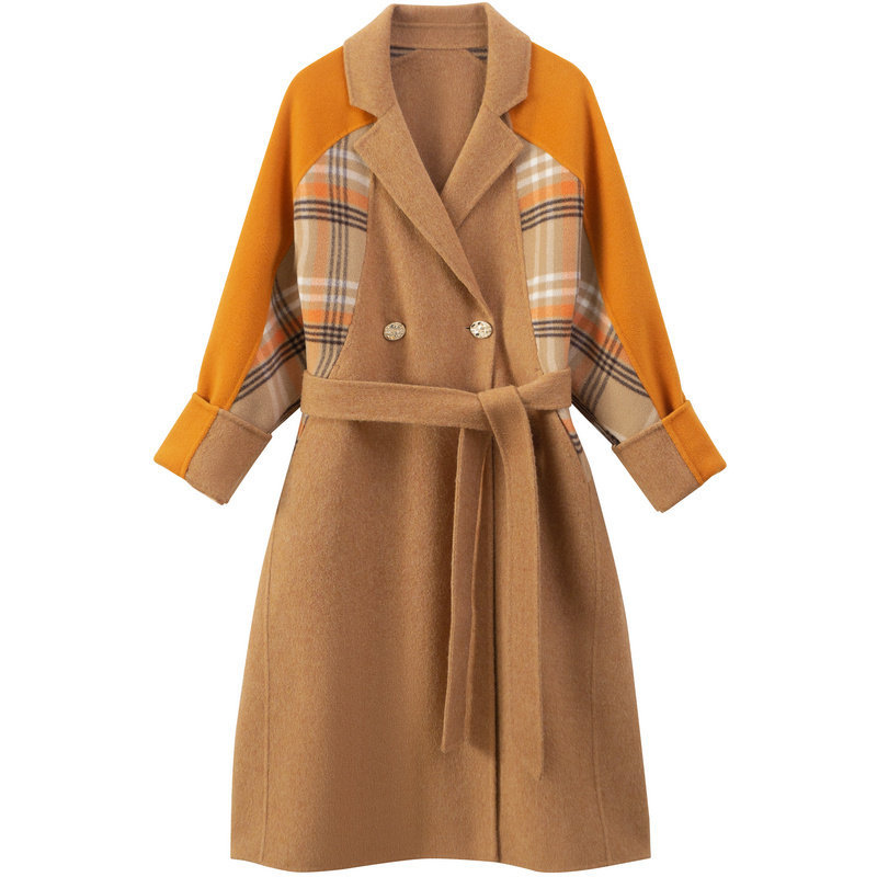 Wool Plaid Stitching Retro Long Thick Warm Women's Jacket (M)